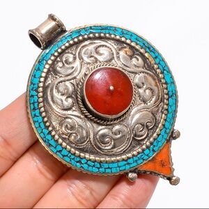 Silver and Turquoise Pendant with Red Stone